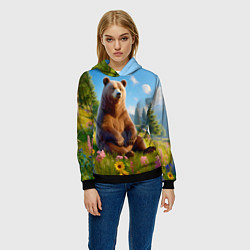 Толстовка-худи женская Русский мишка сидит на траве, цвет: 3D-черный — фото 2