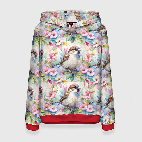 Женская толстовка Воробей в ярких цветах паттерн / 3D-Красный – фото 1
