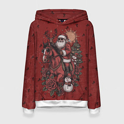 Толстовка-худи женская Санта Клаус на красном коне верхом, цвет: 3D-белый