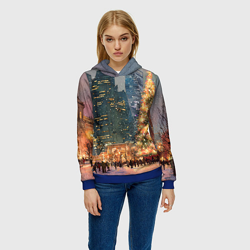 Женская толстовка Москва - сити и новогодняя елка / 3D-Синий – фото 3