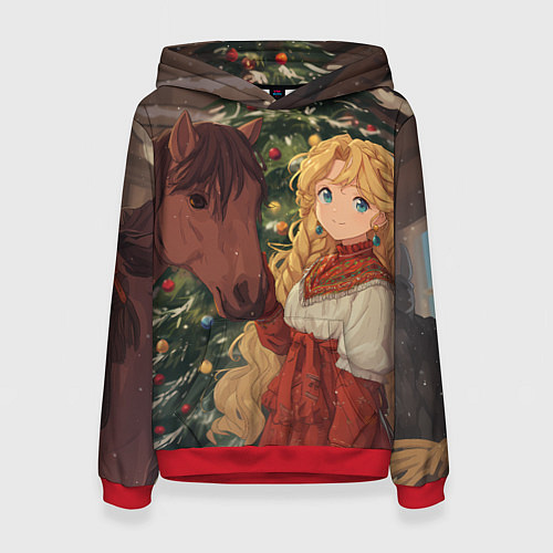 Женская толстовка Аниме девочка с лошадкой встречают Новый год / 3D-Красный – фото 1