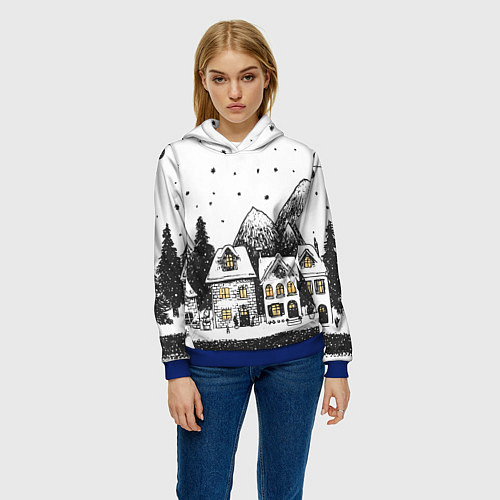 Женская толстовка Черно-белый новогодний город / 3D-Синий – фото 3
