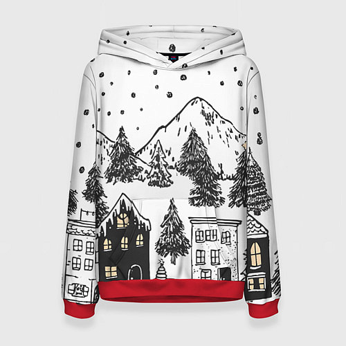 Женская толстовка Заснеженный черно-белый город / 3D-Красный – фото 1