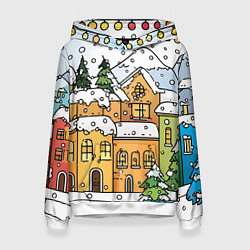 Толстовка-худи женская Новогодний снегопад, цвет: 3D-белый