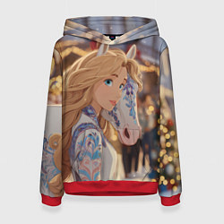 Толстовка-худи женская Блондинка с новогодней лошадкой, цвет: 3D-красный