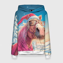 Толстовка-худи женская Новогодняя лошадь в очках, цвет: 3D-белый