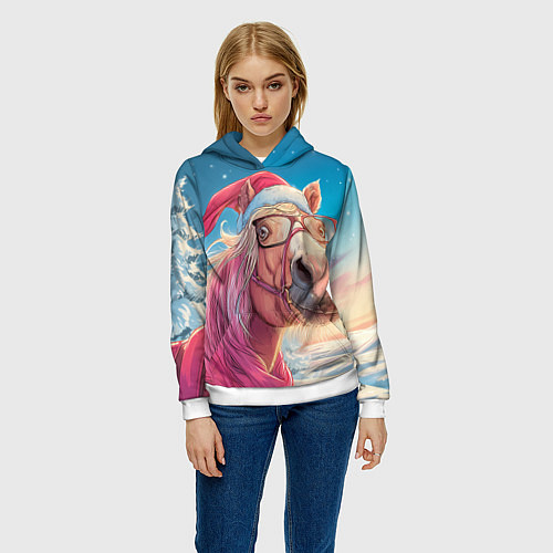 Женская толстовка Новогодняя лошадь в очках / 3D-Белый – фото 3