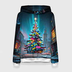 Толстовка-худи женская Новогодняя елка в гирляндах, цвет: 3D-белый