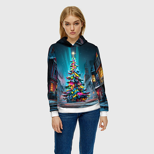 Женская толстовка Новогодняя елка в гирляндах / 3D-Белый – фото 3