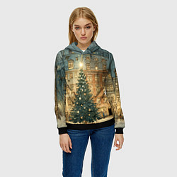 Толстовка-худи женская Новогодний старый город, цвет: 3D-черный — фото 2