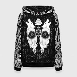 Толстовка-худи женская Волки воины с символикой, цвет: 3D-черный