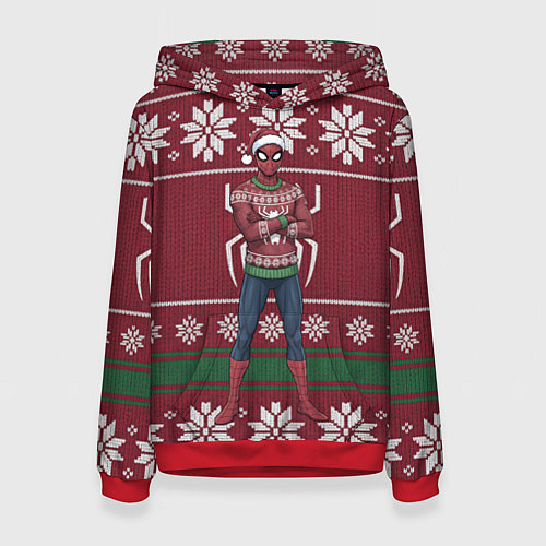 Женская толстовка Человек паук в вязаном свитере - новый год / 3D-Красный – фото 1