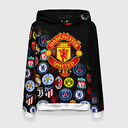 Толстовка-худи женская Манчестер логотипы команд, цвет: 3D-белый