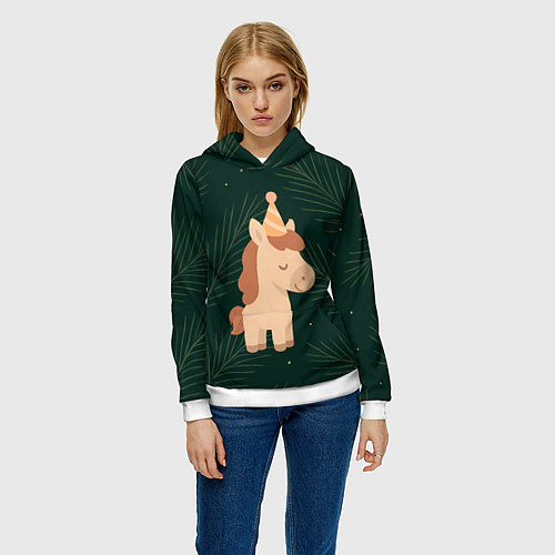 Женская толстовка Милая лошадка с колпаком / 3D-Белый – фото 3