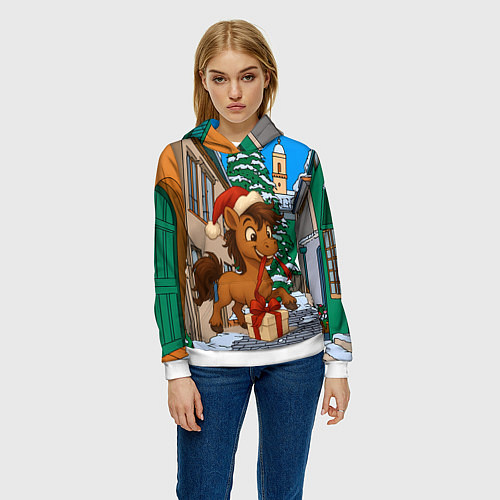 Женская толстовка Лошадка распаковывает новогодний подарок / 3D-Белый – фото 3