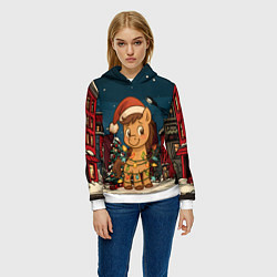 Толстовка-худи женская Лошадка в новогодней гирлянде, цвет: 3D-белый — фото 2