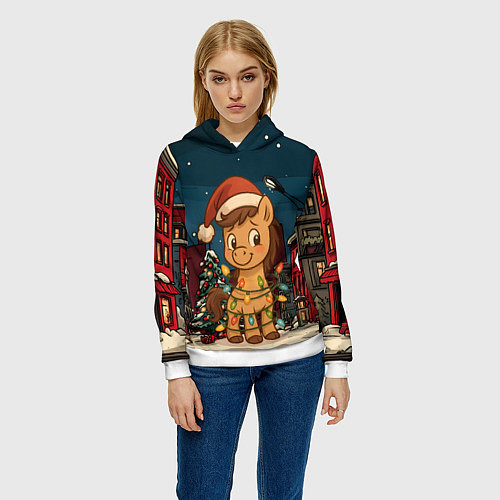 Женская толстовка Лошадка в новогодней гирлянде / 3D-Белый – фото 3