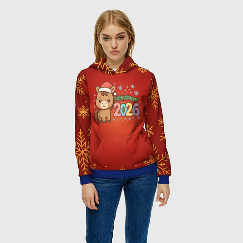 Женская толстовка Новогодняя лошадка 2026 на красном фоне / 3D-Синий – фото 3