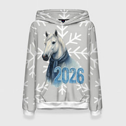 Толстовка-худи женская Лошадь на фоне снижинок 2026, цвет: 3D-белый