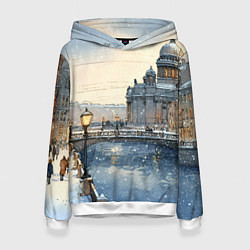 Толстовка-худи женская Санкт-Петербург снежный день, цвет: 3D-белый