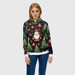 Толстовка-худи женская Новый год паттерн Дед мороз, цвет: 3D-белый — фото 2