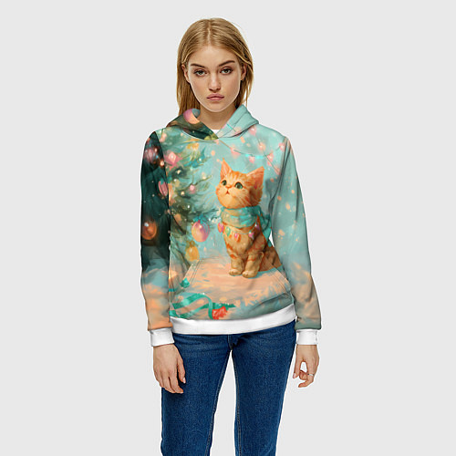 Женская толстовка Милый рыжий котенок любуется елкой / 3D-Белый – фото 3