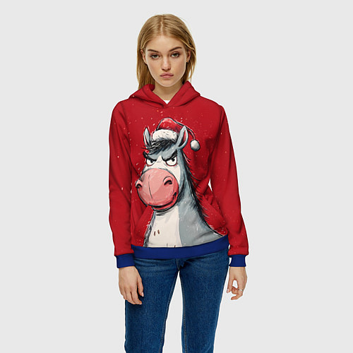 Женская толстовка Недовольная новогодняя лошадь / 3D-Синий – фото 3