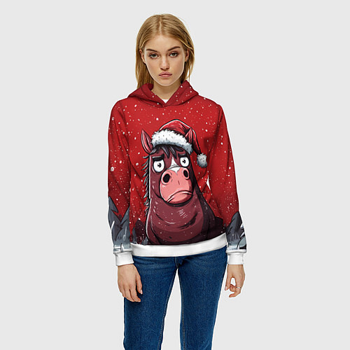 Женская толстовка Конь в новогодней шапке / 3D-Белый – фото 3