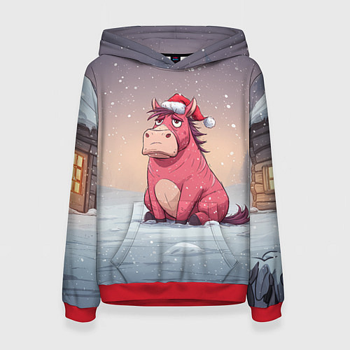 Женская толстовка Розовая новогодняя лошадка / 3D-Красный – фото 1