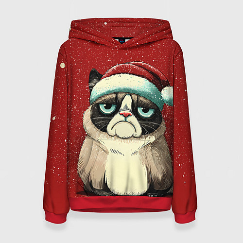 Женская толстовка Грустный Новогодний мем котик / 3D-Красный – фото 1