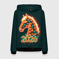 Толстовка-худи женская Праздничная лошадь 2026, цвет: 3D-черный