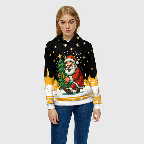 Женская толстовка Пьяный Санта с елкой и шампанским / 3D-Белый – фото 3
