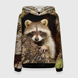 Толстовка-худи женская Енот в дупле, цвет: 3D-черный
