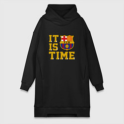 Женское худи-платье IT IS BARCA TIME НАСТАЛО ВРЕМЯ БАРСЫ Barcelona Бар, цвет: черный