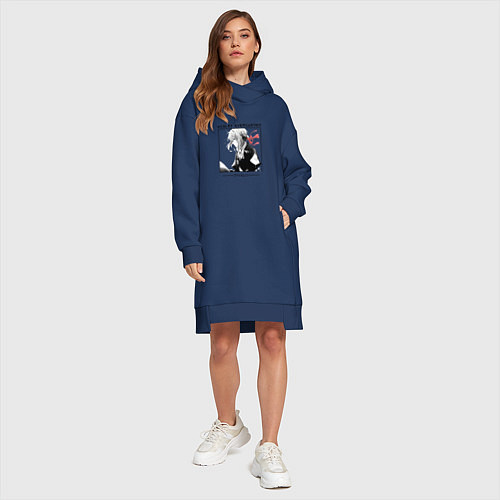 Женская толстовка-платье Вайолет Эвергарден в квадрате с иероглифами / Тёмно-синий – фото 4