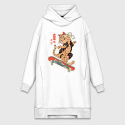 Женское худи-платье Кот самурай скейтбордист, цвет: белый