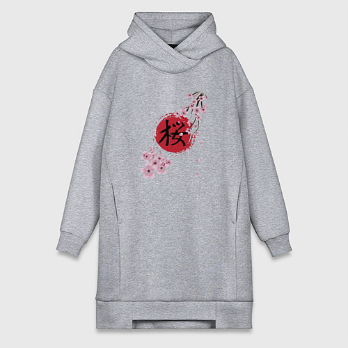 Женская толстовка-платье Цветущая вишня и красный круг с японским иероглифо / Меланж – фото 1