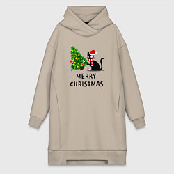 Женское худи-платье Кот валит новогоднюю ёлку, цвет: миндальный