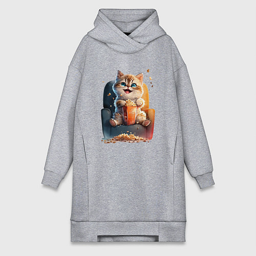 Женская толстовка-платье Веселый котик с попкорном / Меланж – фото 1