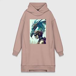 Женское худи-платье Девчонка в шлеме и дракон - киберпанк, цвет: пыльно-розовый