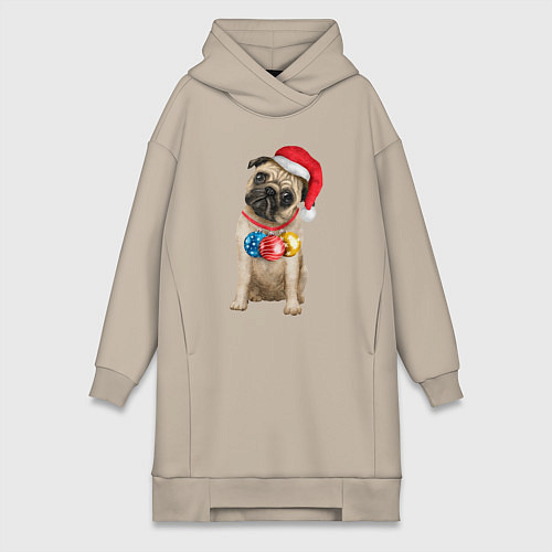 Женская толстовка-платье Новогодний мопс / Миндальный – фото 1