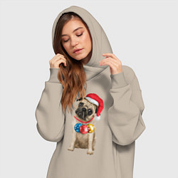 Женское худи-платье Новогодний мопс, цвет: миндальный — фото 2