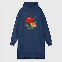 Женское худи-платье Красные хризантемы, цвет: тёмно-синий