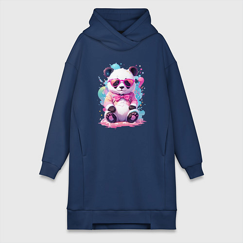 Женская толстовка-платье Милая панда в розовых очках и бантике / Тёмно-синий – фото 1