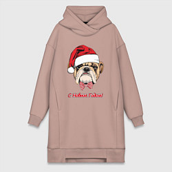 Женское худи-платье Новогодний английский бульдог с бабочкой в шапке с, цвет: пыльно-розовый