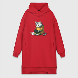Женское худи-платье Котик за учебой, цвет: красный