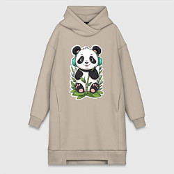 Женское худи-платье Медвежонок панды в наушниках, цвет: миндальный