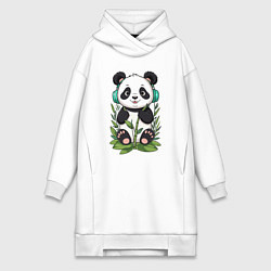 Женское худи-платье Медвежонок панды в наушниках, цвет: белый