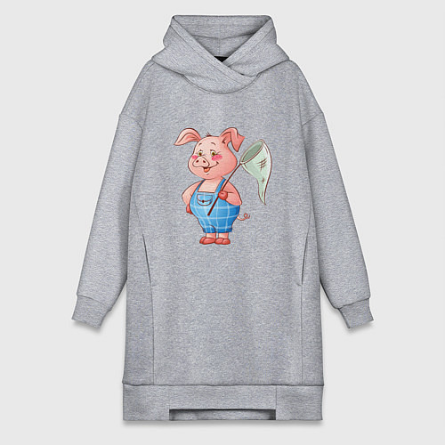 Женская толстовка-платье Мультяшный поросенок с сачком / Меланж – фото 1