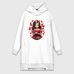 Женское худи-платье Девочка валентинка в красном, цвет: белый